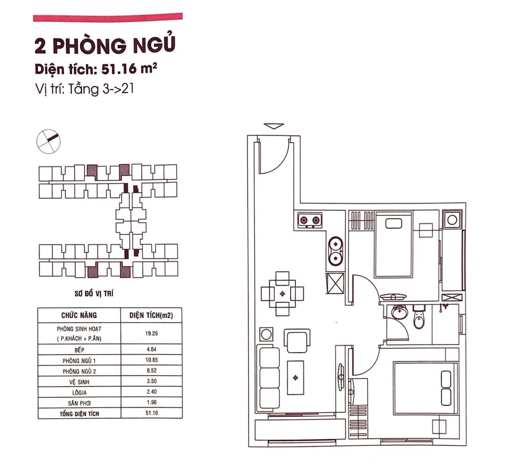 Thiết kế 2PN,1WC căn hộ DreamHome Palace